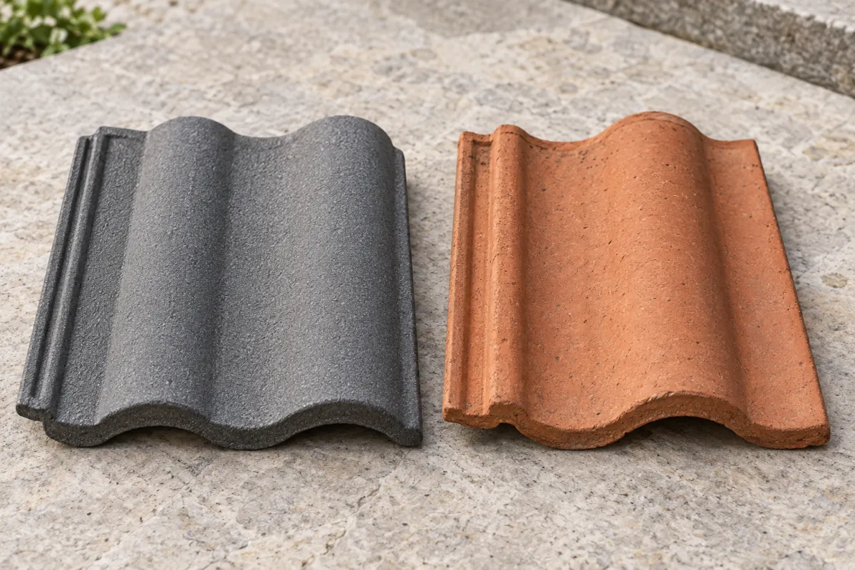 A grey concrete roof tile beside a red terracotta roof tile, showing their different finishes