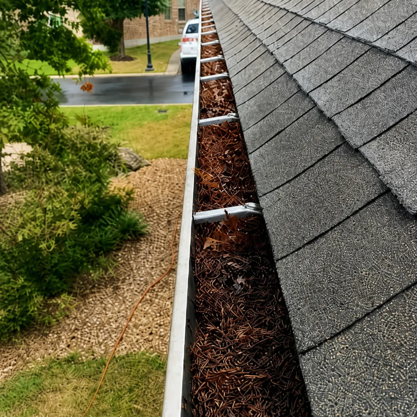 Gutter before cleaning with leaves and debris filling the channel
