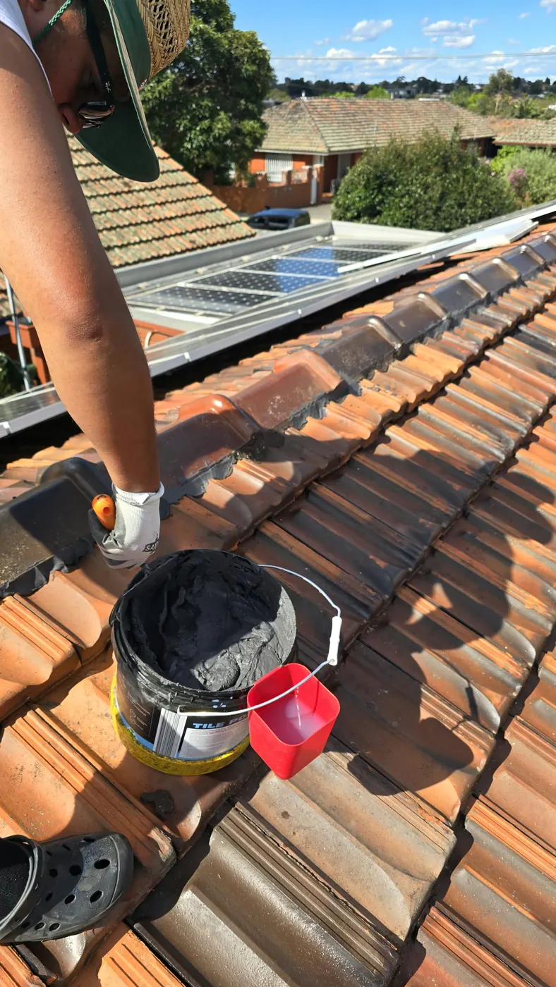 Tub of flexible pointing compound on a terracotta tile roof