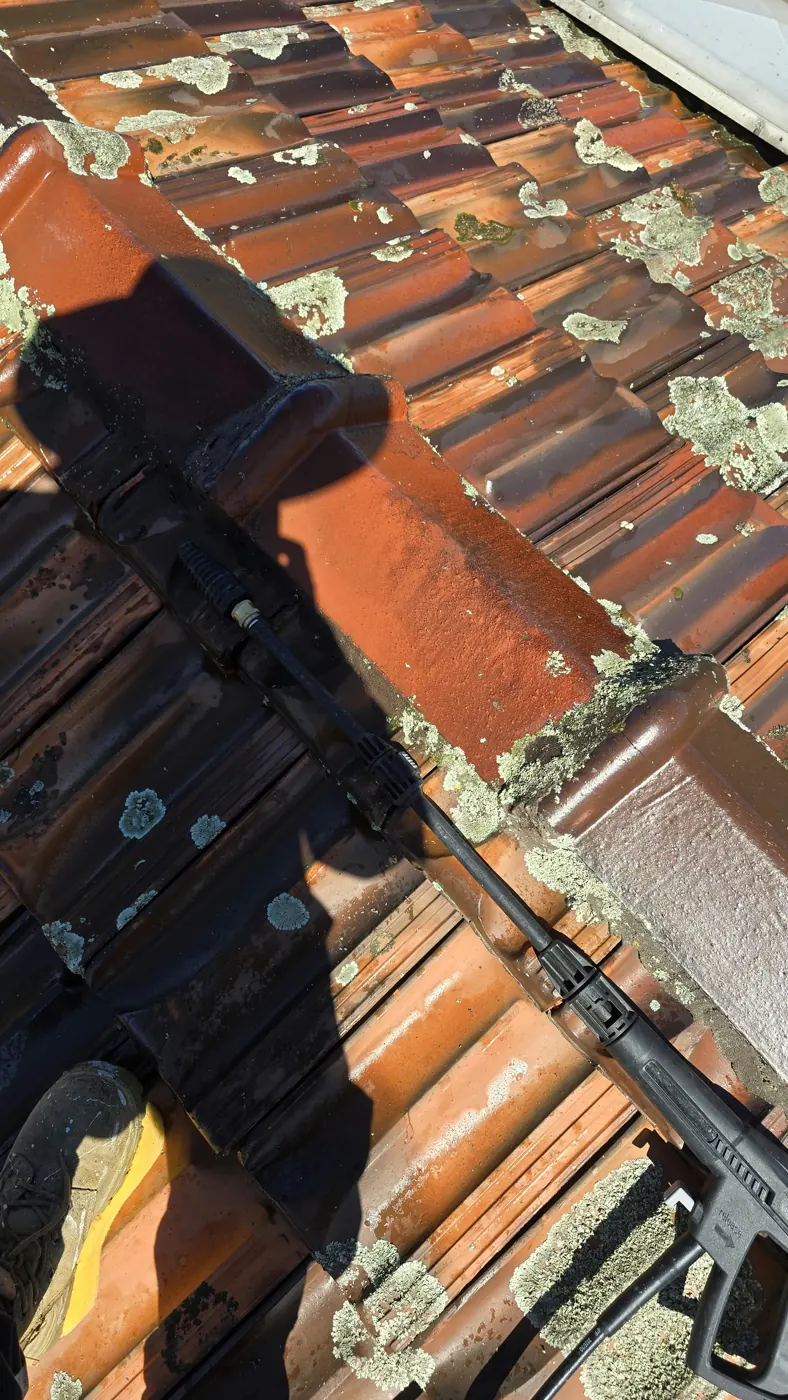 Pressure lance washing lichen off terracotta roof tiles in Coburg