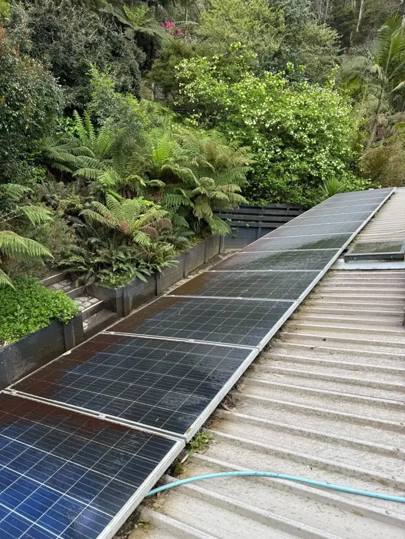 Clean solar panel array on a metal roof among tall trees in Dandenong