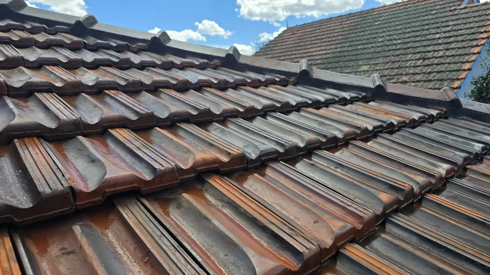 Even rows of washed terracotta roof tiles