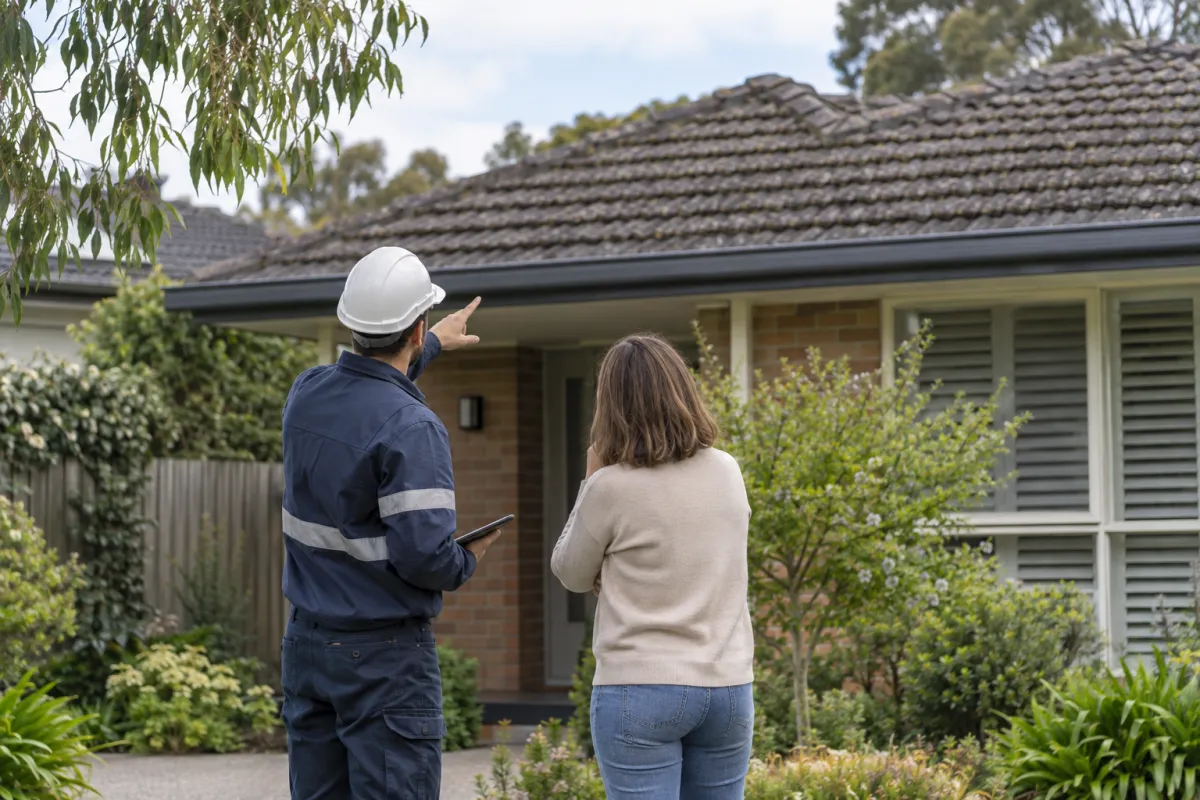 Roof-care technician discussing a tiled roof assessment with a homeowner from the ground