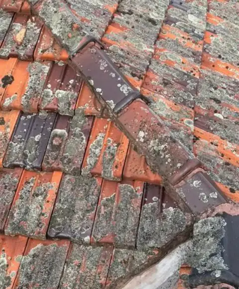 Roof before restoration — worn and weathered tile surface