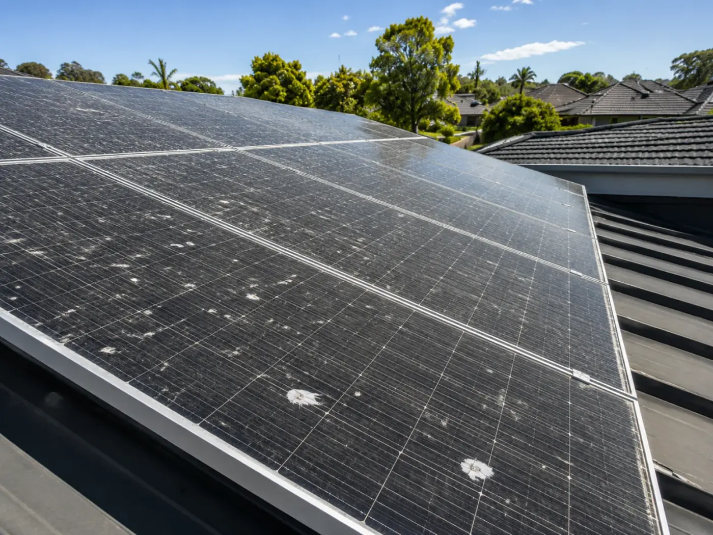 Solar panels before cleaning with visible dirt and residue