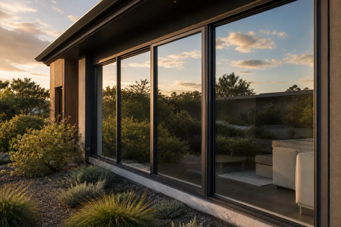 Large modern home windows after cleaning — crystal clear glass reflecting the sky and garden