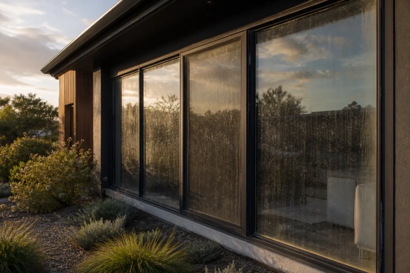 Large modern home windows before cleaning — dust haze and streaks visible across the facade