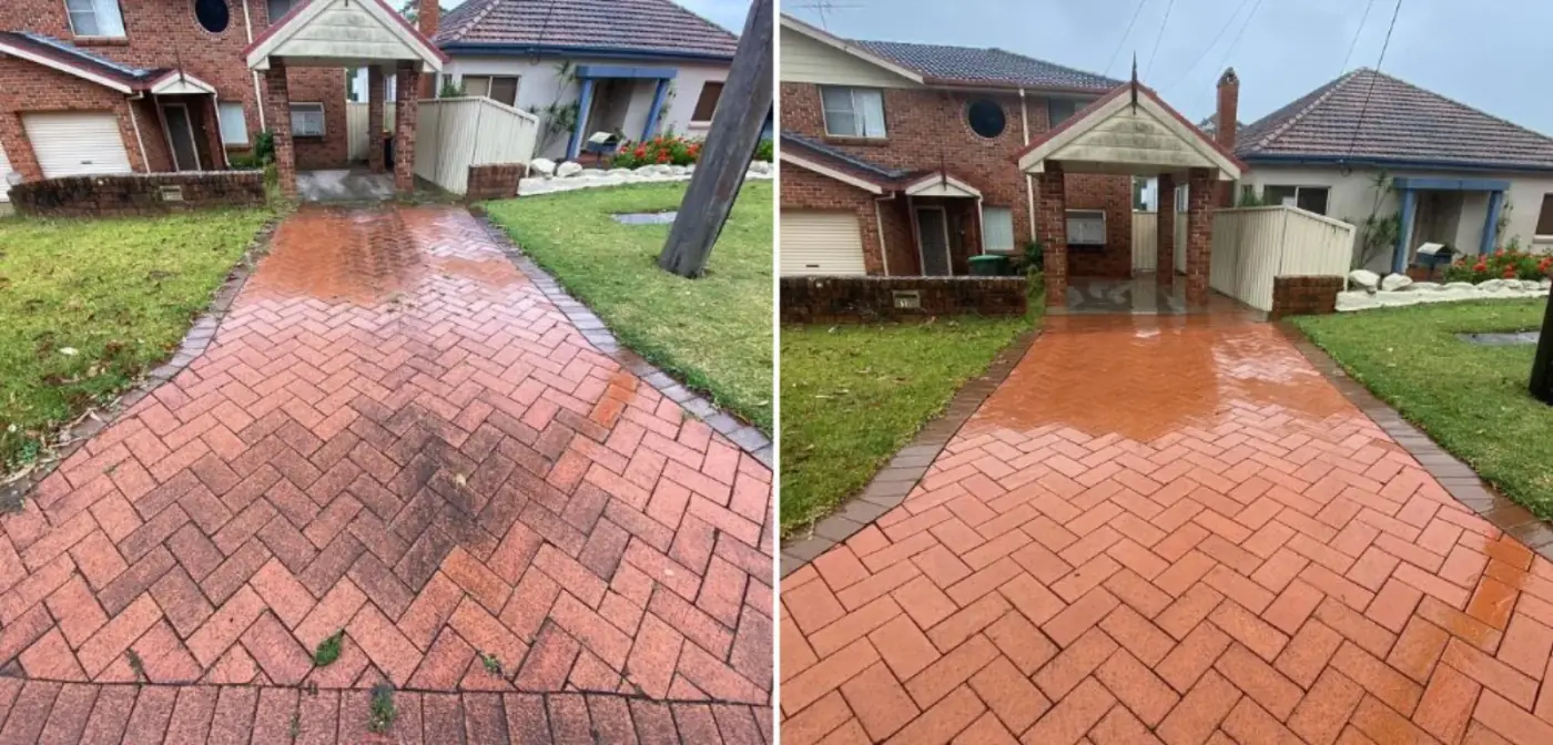 Pressure washing before and after example on a driveway surface